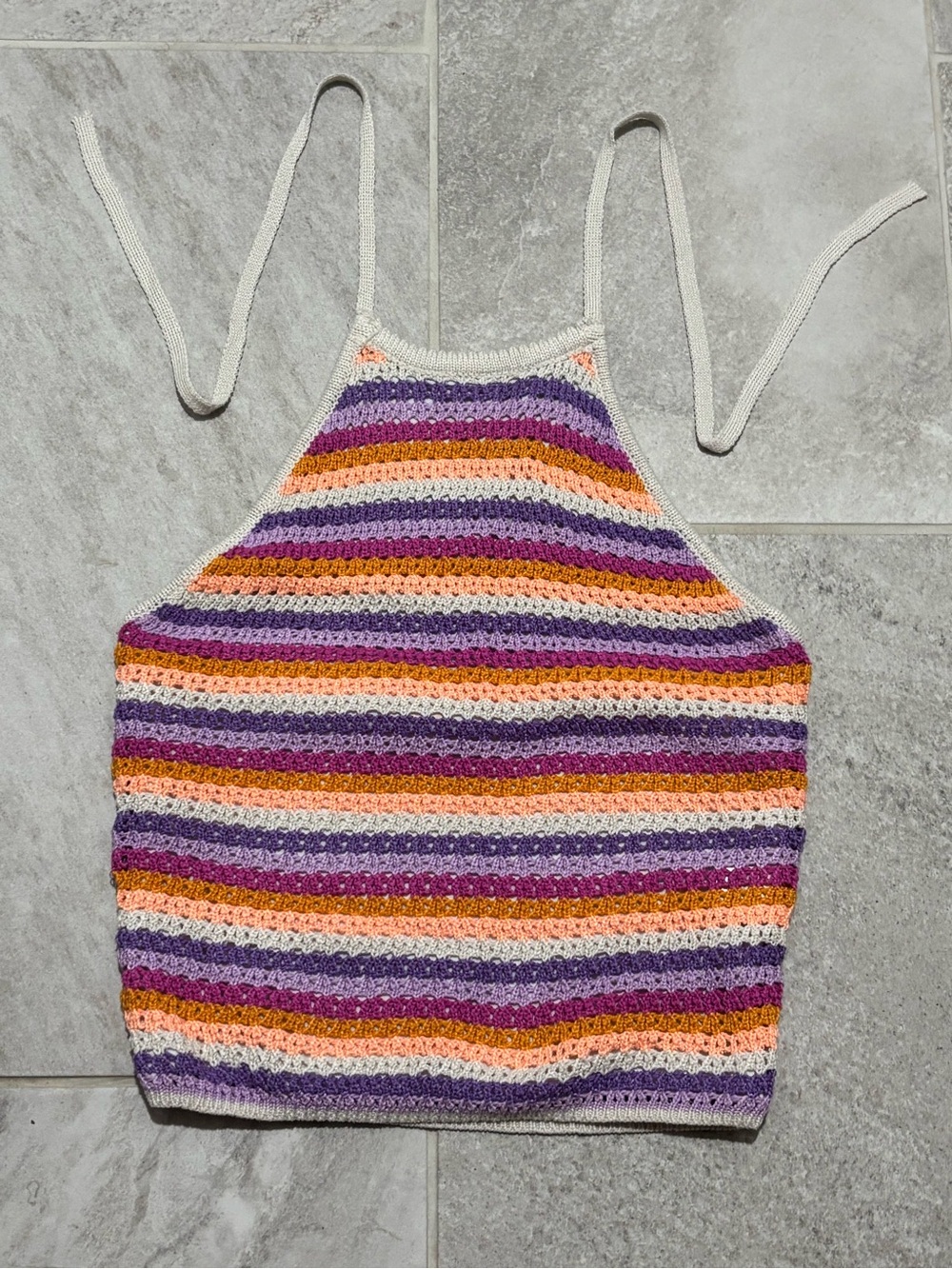 Pink Lily Crochet Striped Halter Camisole - Purple, Peach, Pink, Cream